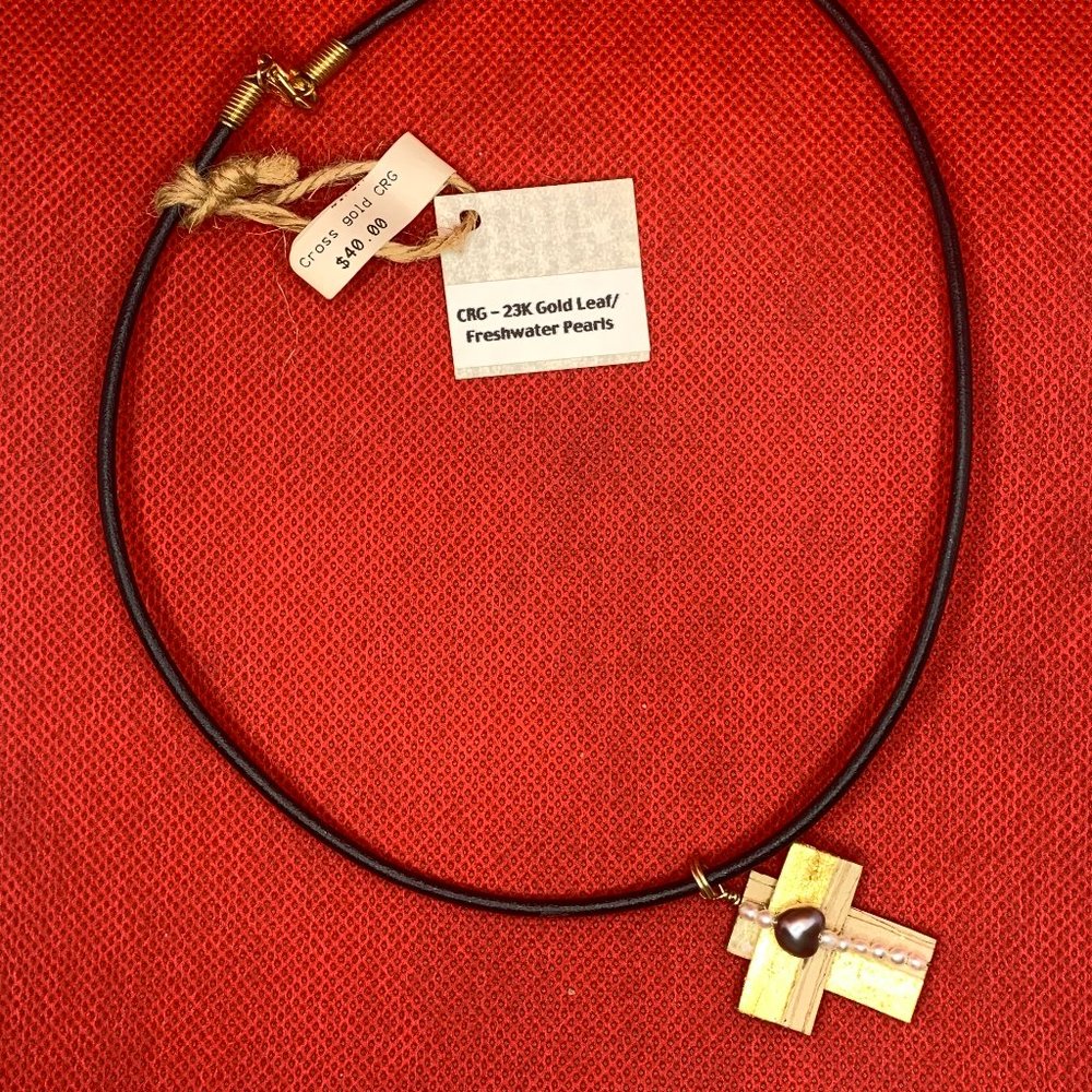 Tessoro Cross Necklace Birch/23K Gold Leaf Freshwater Pearls